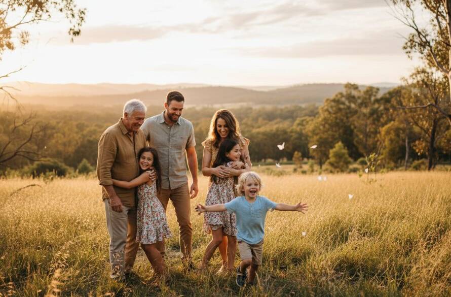 An authentic candid photography Park Orchards family moment captured at sunset, showing parents laughing with their child running through an open field, bathed in golden light, evoking pure joy and connection.