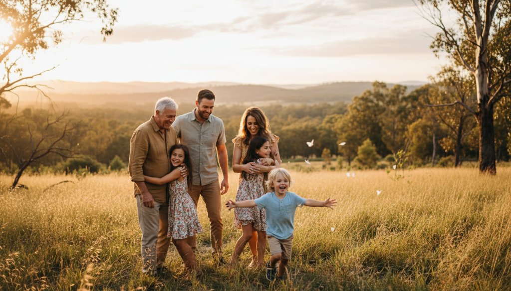 An authentic candid photography Park Orchards family moment captured at sunset, showing parents laughing with their child running through an open field, bathed in golden light, evoking pure joy and connection.