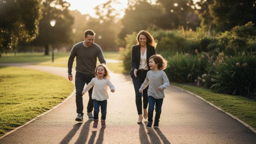 A joyous family laughing genuinely during authentic candid photography storytelling Caulfield, captured mid-stride with dynamic golden hour light filtering through trees in a Caulfield park, showcasing genuine connection and happiness.