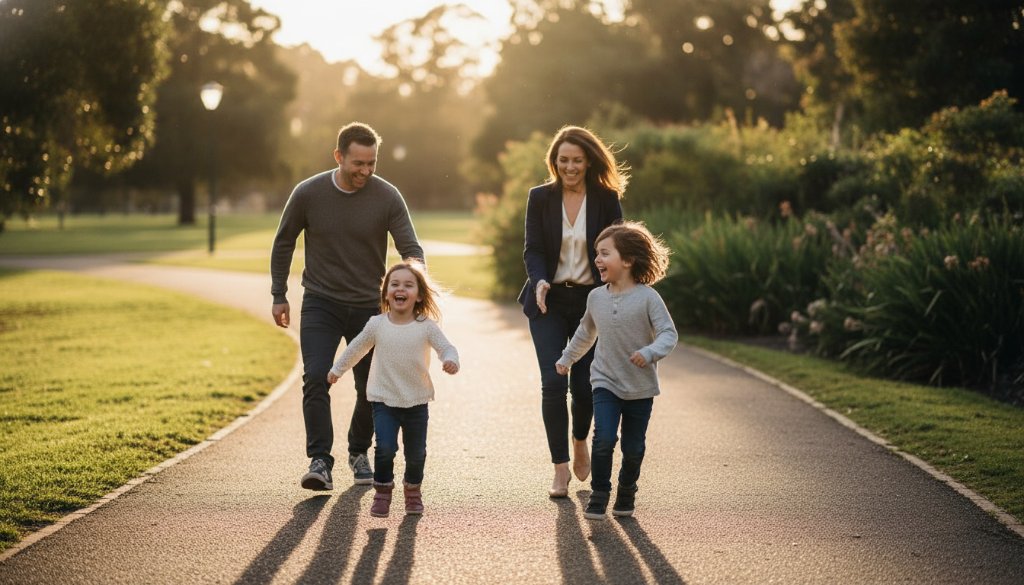 A joyous family laughing genuinely during authentic candid photography storytelling Caulfield, captured mid-stride with dynamic golden hour light filtering through trees in a Caulfield park, showcasing genuine connection and happiness.