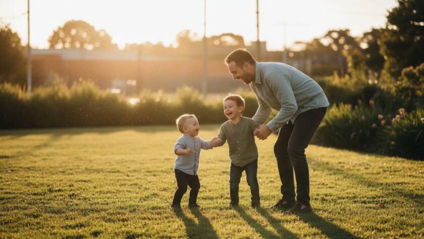 A heartwarming, authentic candid photography Tottenham Victoria moment: a family laughing joyfully together in a sun-drenched park near Tottenham train station, captured with dramatic lighting and professional colour grading, embodying genuine connection.