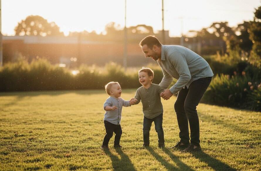 A heartwarming, authentic candid photography Tottenham Victoria moment: a family laughing joyfully together in a sun-drenched park near Tottenham train station, captured with dramatic lighting and professional colour grading, embodying genuine connection.
