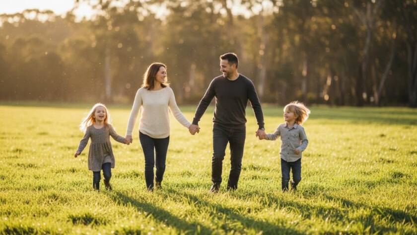An authentic candid photography Vermont family moments image featuring a young family laughing joyfully under dappled golden hour sunlight in a lush Bellbird Dell Reserve park, capturing pure connection and emotion.