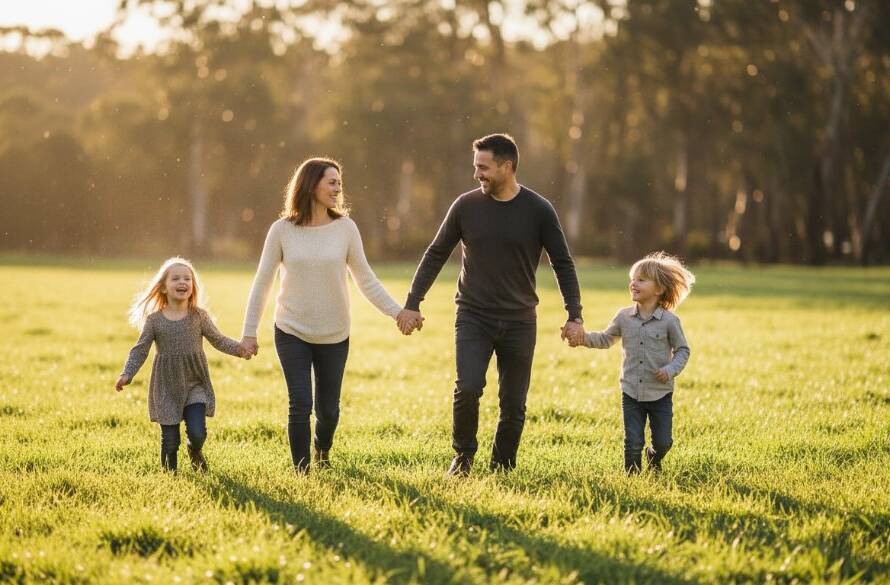 An authentic candid photography Vermont family moments image featuring a young family laughing joyfully under dappled golden hour sunlight in a lush Bellbird Dell Reserve park, capturing pure connection and emotion.