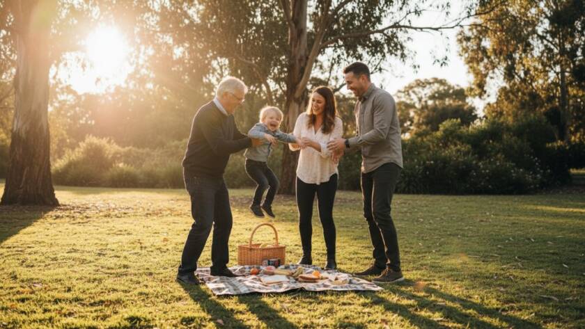 An authentic candid photography Vermont South family moments shot of a family laughing joyfully in a sun-drenched park, surrounded by vibrant autumn leaves, capturing a genuine, unposed interaction during a golden hour sunset, showing pure happiness.