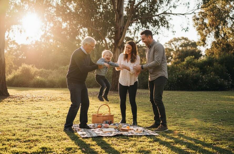 An authentic candid photography Vermont South family moments shot of a family laughing joyfully in a sun-drenched park, surrounded by vibrant autumn leaves, capturing a genuine, unposed interaction during a golden hour sunset, showing pure happiness.