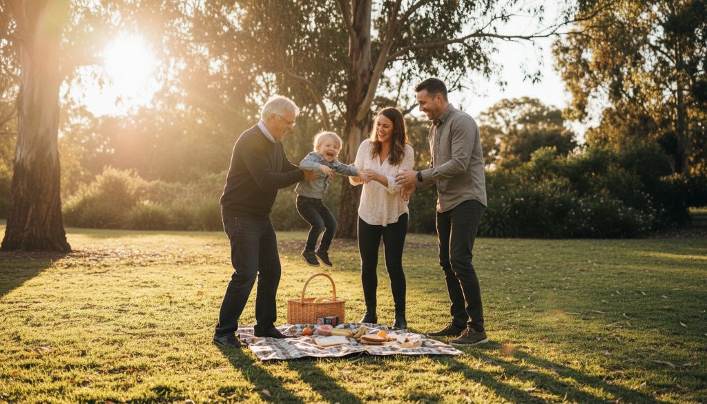An authentic candid photography Vermont South family moments shot of a family laughing joyfully in a sun-drenched park, surrounded by vibrant autumn leaves, capturing a genuine, unposed interaction during a golden hour sunset, showing pure happiness.
