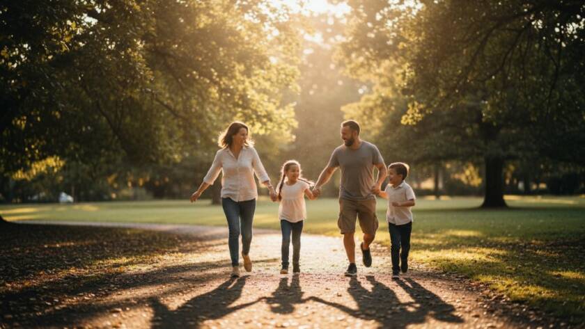 An epic moment captured through authentic candid photography in Wantirna South, showing a family laughing joyously in a sun-drenched park, surrounded by lush greenery and golden light.