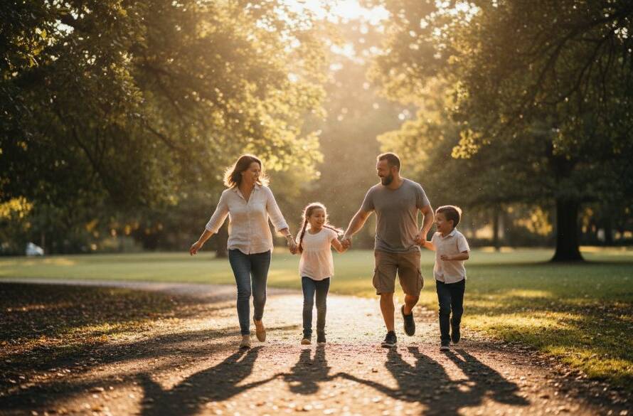 An epic moment captured through authentic candid photography in Wantirna South, showing a family laughing joyously in a sun-drenched park, surrounded by lush greenery and golden light.