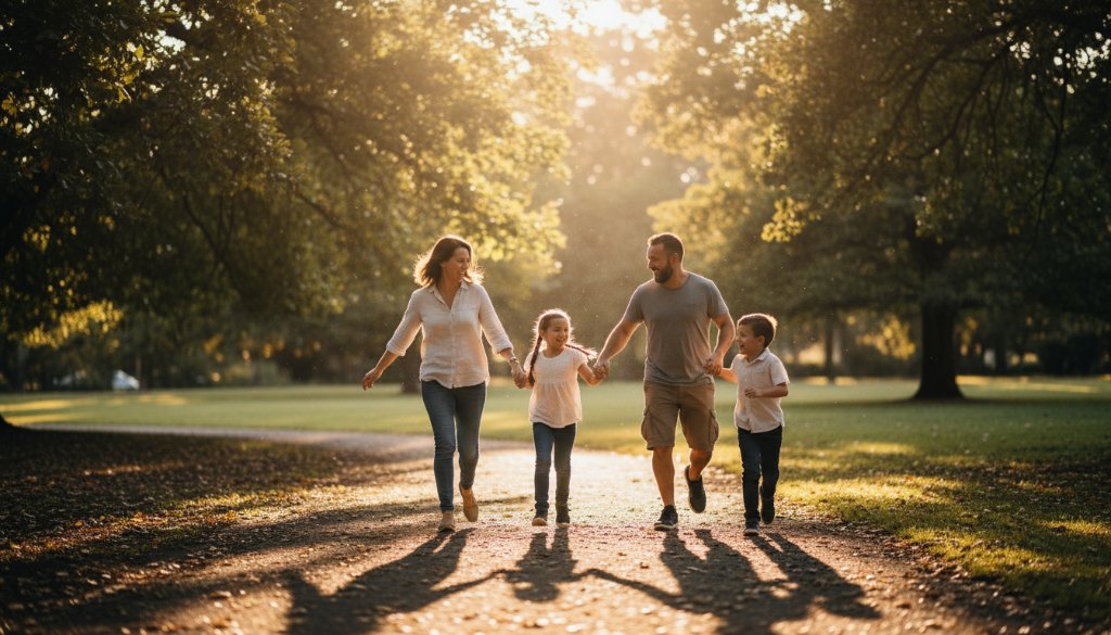An epic moment captured through authentic candid photography in Wantirna South, showing a family laughing joyously in a sun-drenched park, surrounded by lush greenery and golden light.