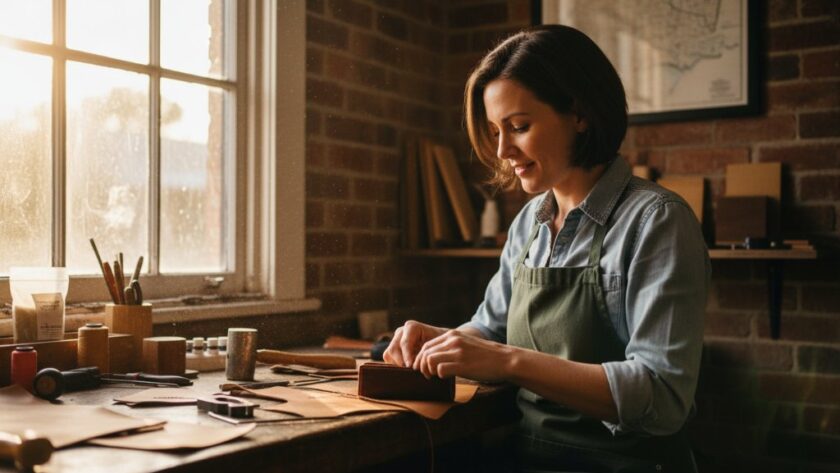 An epic moment captured in authentic Castlemaine branding photography for a small business: a passionate artisan in their sunlit workshop, surrounded by handmade products, a warm smile on their face, hands skillfully working clay, showcasing craftsmanship with dramatic, natural light streaming through a large window, creating a cinematic and inspiring scene.