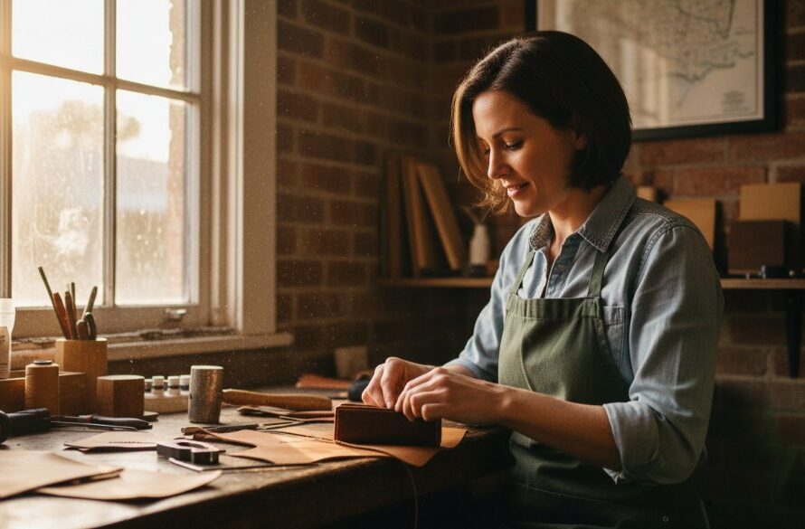An epic moment captured in authentic Castlemaine branding photography for a small business: a passionate artisan in their sunlit workshop, surrounded by handmade products, a warm smile on their face, hands skillfully working clay, showcasing craftsmanship with dramatic, natural light streaming through a large window, creating a cinematic and inspiring scene.