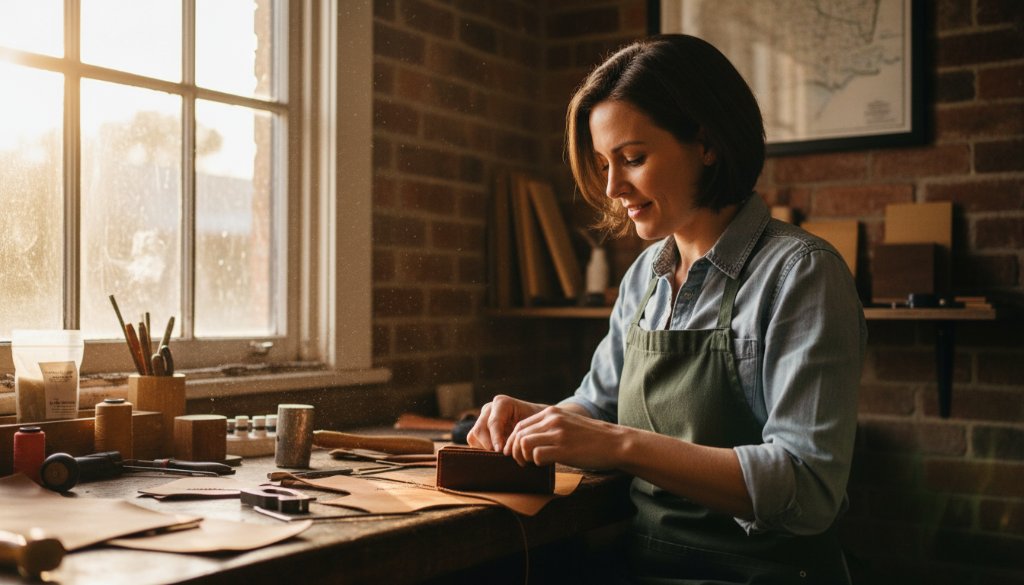An epic moment captured in authentic Castlemaine branding photography for a small business: a passionate artisan in their sunlit workshop, surrounded by handmade products, a warm smile on their face, hands skillfully working clay, showcasing craftsmanship with dramatic, natural light streaming through a large window, creating a cinematic and inspiring scene.