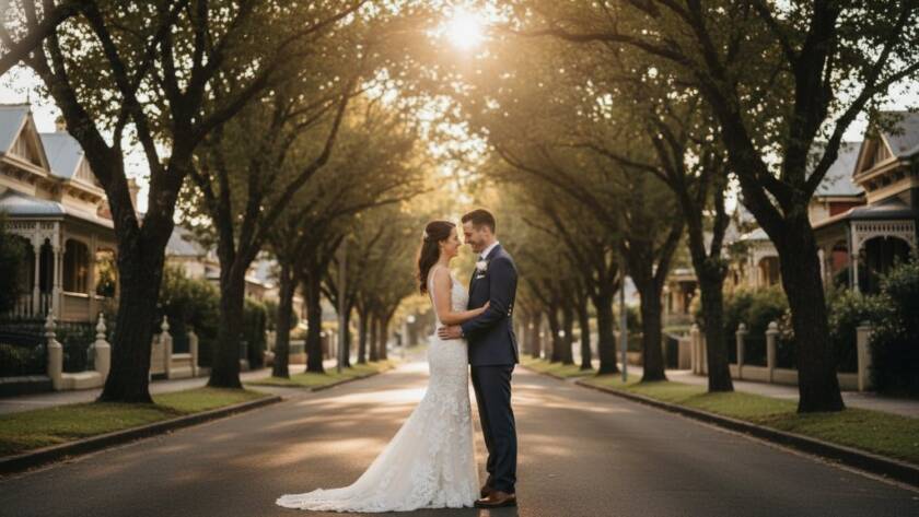 A newlywed couple shares an intimate, authentic Caulfield North wedding photography moment, silhouetted against a golden sunset over a grand heritage building in Caulfield North, showcasing their joy and connection.