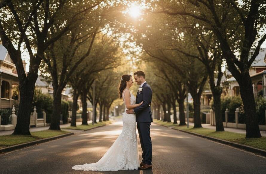 A newlywed couple shares an intimate, authentic Caulfield North wedding photography moment, silhouetted against a golden sunset over a grand heritage building in Caulfield North, showcasing their joy and connection.
