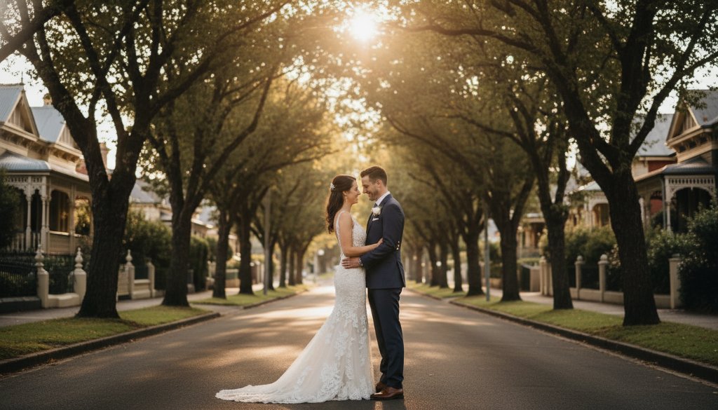 A newlywed couple shares an intimate, authentic Caulfield North wedding photography moment, silhouetted against a golden sunset over a grand heritage building in Caulfield North, showcasing their joy and connection.