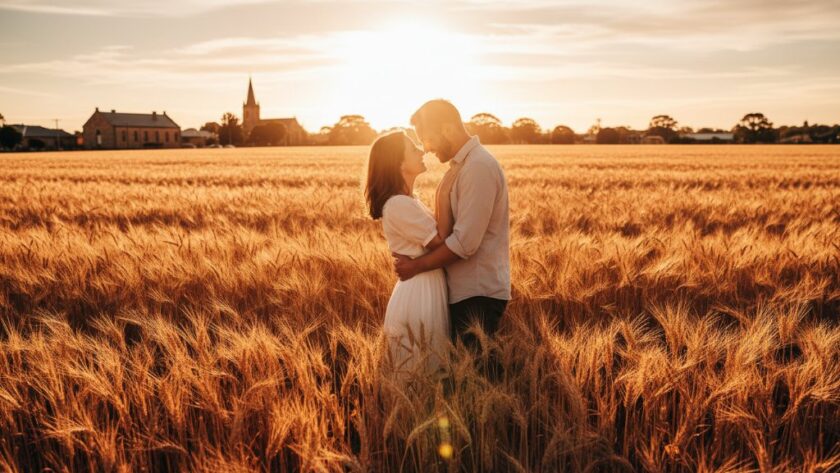 An authentic Clunes engagement photography capturing rural romance, featuring a couple embracing passionately at sunset amidst the golden fields and historic architecture of Clunes, Victoria, with dramatic lens flare and warm, cinematic tones.