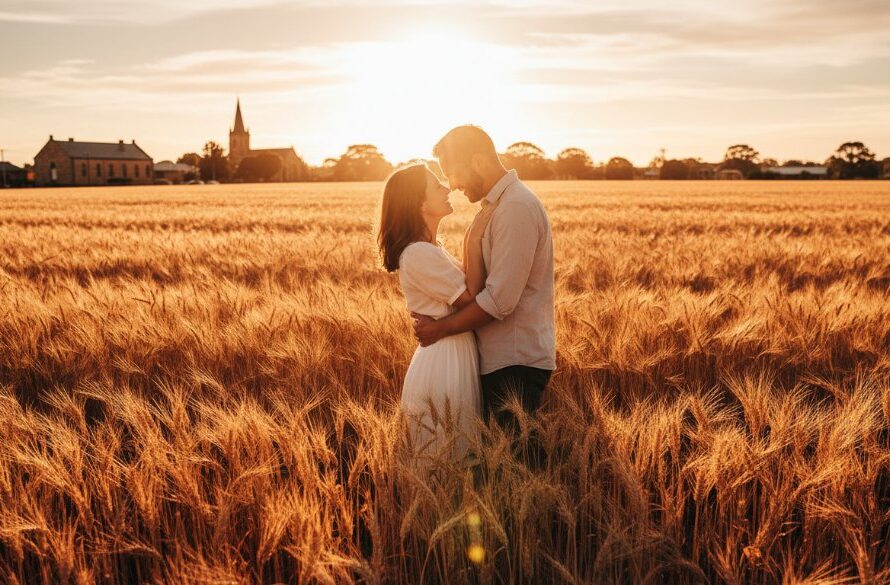 An authentic Clunes engagement photography capturing rural romance, featuring a couple embracing passionately at sunset amidst the golden fields and historic architecture of Clunes, Victoria, with dramatic lens flare and warm, cinematic tones.