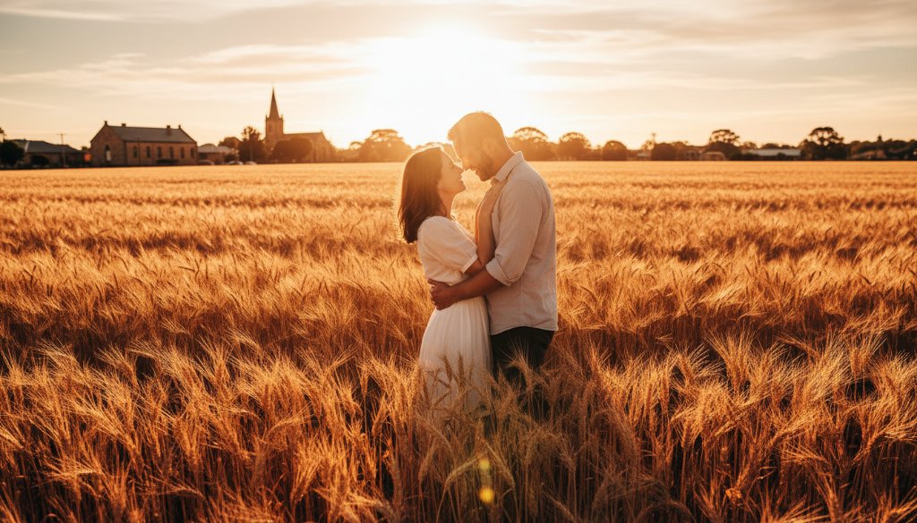 An authentic Clunes engagement photography capturing rural romance, featuring a couple embracing passionately at sunset amidst the golden fields and historic architecture of Clunes, Victoria, with dramatic lens flare and warm, cinematic tones.