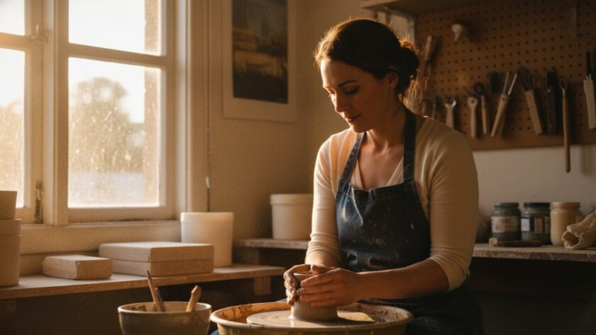 A cinematic photograph of a passionate Colac artisan carefully hand-crafting a unique ceramic piece in their sunlit workshop, dramatically lit by a golden hour glow, embodying authentic Colac brand storytelling photography.