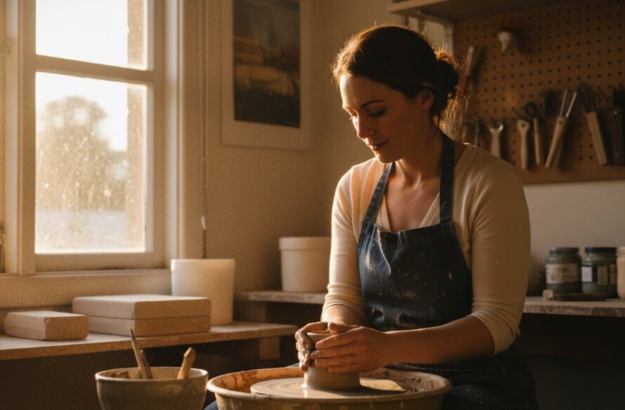 A cinematic photograph of a passionate Colac artisan carefully hand-crafting a unique ceramic piece in their sunlit workshop, dramatically lit by a golden hour glow, embodying authentic Colac brand storytelling photography.