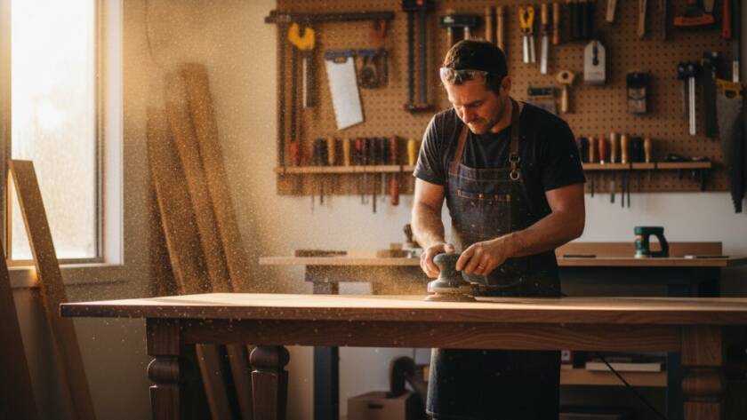 An artisan meticulously sanding a unique, handcrafted wooden table in a sunlit Botanic Ridge workshop, symbolising the dedication behind authentic commercial photography for local brands, with sawdust illuminated dramatically.
