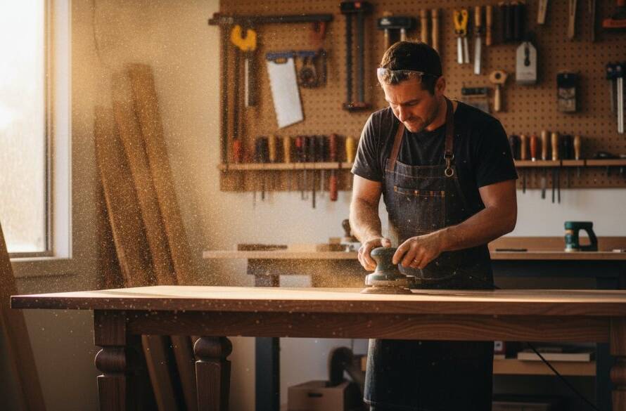 An artisan meticulously sanding a unique, handcrafted wooden table in a sunlit Botanic Ridge workshop, symbolising the dedication behind authentic commercial photography for local brands, with sawdust illuminated dramatically.