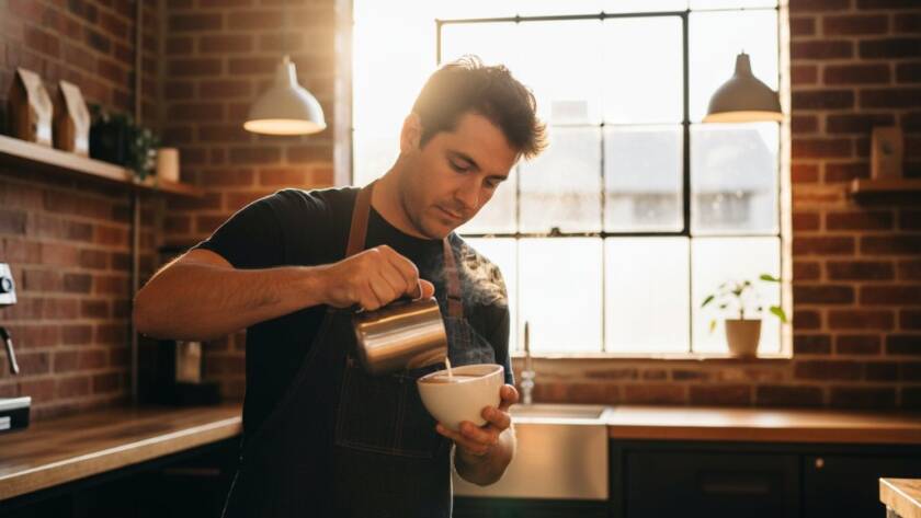 Dynamic wide shot capturing an epic moment of authentic commercial photography for a small business in West Footscray, showing a local artisan meticulously crafting their product in a stylish, well-lit workshop, with strong, professional lighting highlighting their focus and the quality of their work, evoking a sense of dedication and craft.