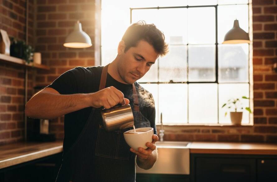 Dynamic wide shot capturing an epic moment of authentic commercial photography for a small business in West Footscray, showing a local artisan meticulously crafting their product in a stylish, well-lit workshop, with strong, professional lighting highlighting their focus and the quality of their work, evoking a sense of dedication and craft.