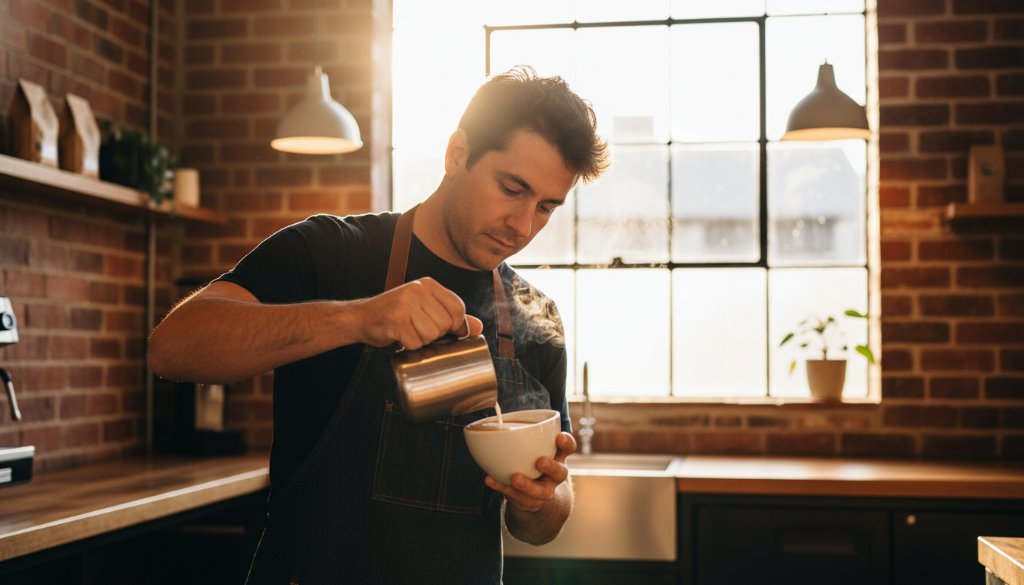 Dynamic wide shot capturing an epic moment of authentic commercial photography for a small business in West Footscray, showing a local artisan meticulously crafting their product in a stylish, well-lit workshop, with strong, professional lighting highlighting their focus and the quality of their work, evoking a sense of dedication and craft.