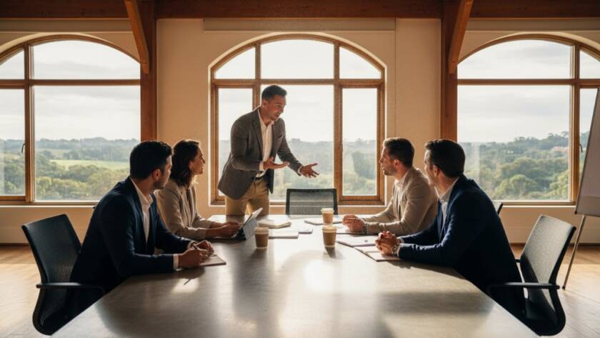 A dynamic, candid shot of a successful business team collaborating passionately in a modern, light-filled office in Croydon Hills, capturing the essence of authentic corporate branding photography Croydon Hills, with dramatic, warm lighting highlighting their innovative spirit.