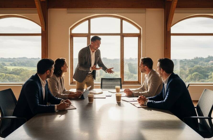 A dynamic, candid shot of a successful business team collaborating passionately in a modern, light-filled office in Croydon Hills, capturing the essence of authentic corporate branding photography Croydon Hills, with dramatic, warm lighting highlighting their innovative spirit.