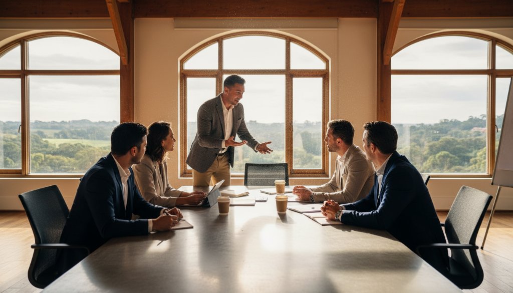 A dynamic, candid shot of a successful business team collaborating passionately in a modern, light-filled office in Croydon Hills, capturing the essence of authentic corporate branding photography Croydon Hills, with dramatic, warm lighting highlighting their innovative spirit.