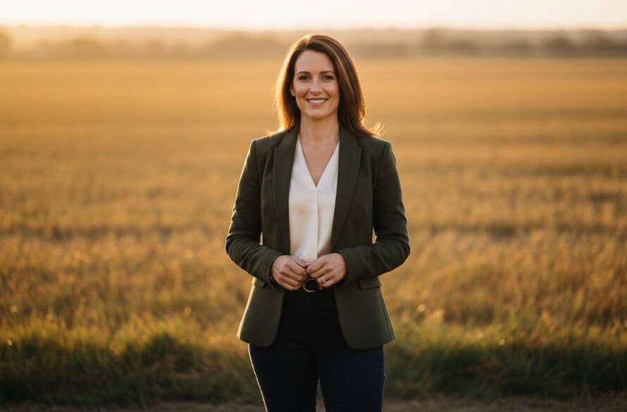 An authentic corporate headshot of a Koo Wee Rup professional, a confident woman in business attire, smiling genuinely against a blurred, sun-drenched backdrop of Koo Wee Rup's rural landscape at golden hour, capturing her approachable yet authoritative presence with cinematic lighting.