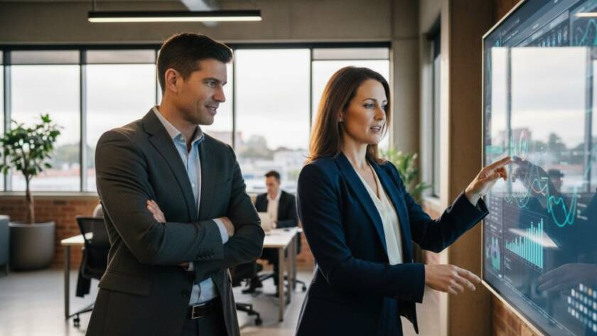 Dynamic, authentic corporate photography of a diverse business team collaborating energetically in a modern Caulfield South office, bathed in soft, natural light, capturing an epic moment of innovation and teamwork with a cinematic, professional colour grade.