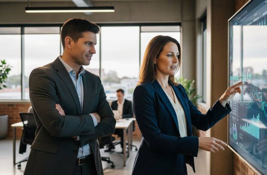 Dynamic, authentic corporate photography of a diverse business team collaborating energetically in a modern Caulfield South office, bathed in soft, natural light, capturing an epic moment of innovation and teamwork with a cinematic, professional colour grade.