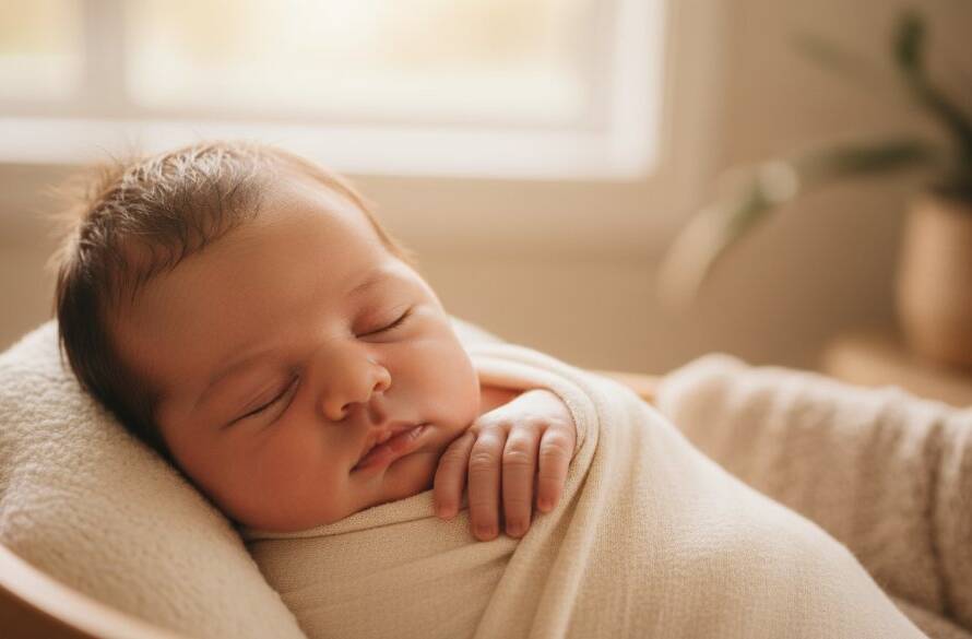 Authentic Dandenong South newborn photography Melbourne: A breathtaking close-up of a peacefully sleeping newborn baby wrapped in soft linen, bathed in warm, gentle window light in a Dandenong South home, highlighting their tiny fingers and serene expression.