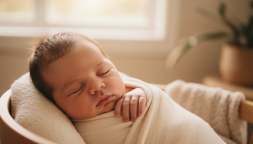 Authentic Dandenong South newborn photography Melbourne: A breathtaking close-up of a peacefully sleeping newborn baby wrapped in soft linen, bathed in warm, gentle window light in a Dandenong South home, highlighting their tiny fingers and serene expression.