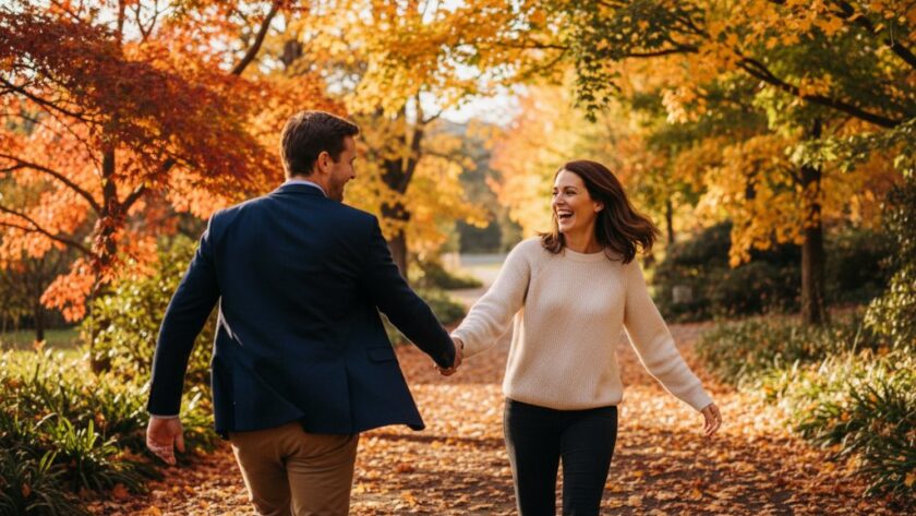 Two people laughing joyfully while walking hand-in-hand through the autumn leaves near Lake Daylesford, illuminated by golden hour light, perfectly capturing authentic Daylesford candid photography moments.