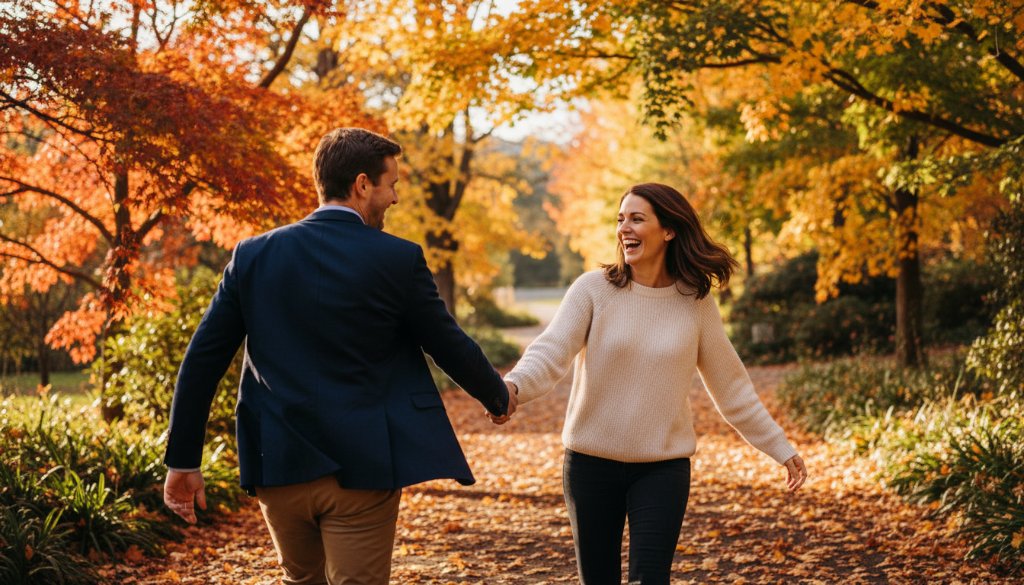 Two people laughing joyfully while walking hand-in-hand through the autumn leaves near Lake Daylesford, illuminated by golden hour light, perfectly capturing authentic Daylesford candid photography moments.