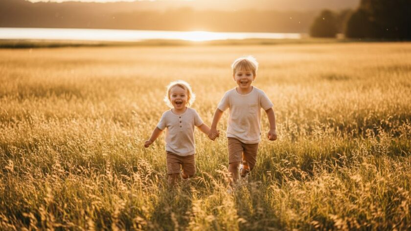 An authentic Daylesford kids photography capturing joy: two siblings laughing heartily as they chase bubbles at sunset near Lake Daylesford, golden light illuminating their playful faces, captured in a professional, color-graded cinematic style.