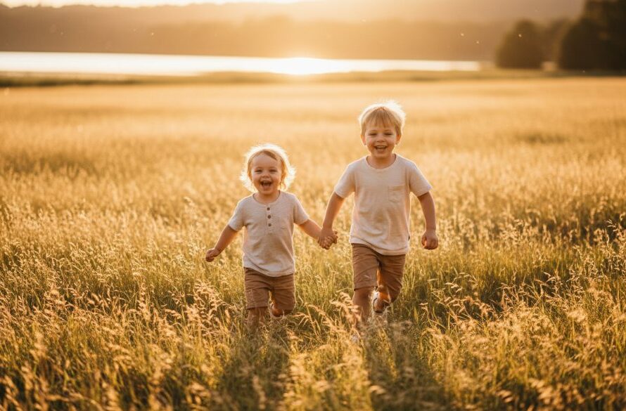 An authentic Daylesford kids photography capturing joy: two siblings laughing heartily as they chase bubbles at sunset near Lake Daylesford, golden light illuminating their playful faces, captured in a professional, color-graded cinematic style.