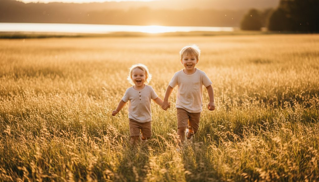 An authentic Daylesford kids photography capturing joy: two siblings laughing heartily as they chase bubbles at sunset near Lake Daylesford, golden light illuminating their playful faces, captured in a professional, color-graded cinematic style.