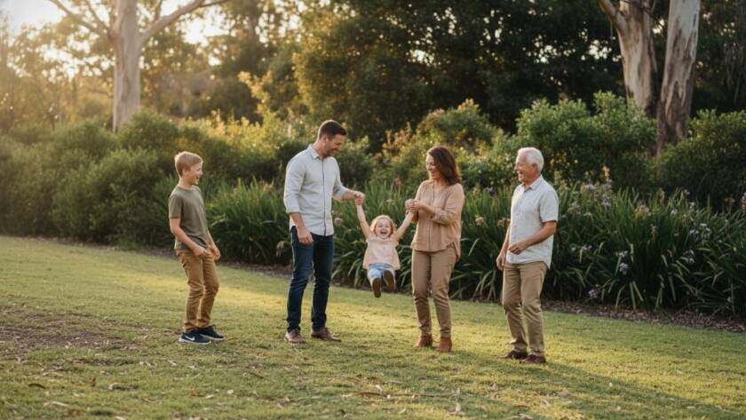 Authentic Deepdene family photos vibrant memories captured in an epic moment of a family laughing joyfully under the golden hour sun at a Deepdene park, with lush Victorian foliage in the background, professional cinematic lighting.