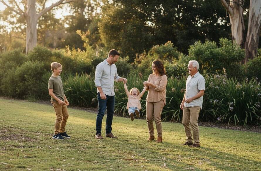 Authentic Deepdene family photos vibrant memories captured in an epic moment of a family laughing joyfully under the golden hour sun at a Deepdene park, with lush Victorian foliage in the background, professional cinematic lighting.