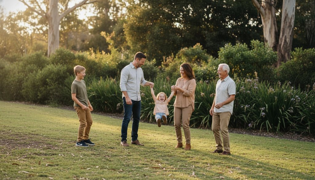 Authentic Deepdene family photos vibrant memories captured in an epic moment of a family laughing joyfully under the golden hour sun at a Deepdene park, with lush Victorian foliage in the background, professional cinematic lighting.