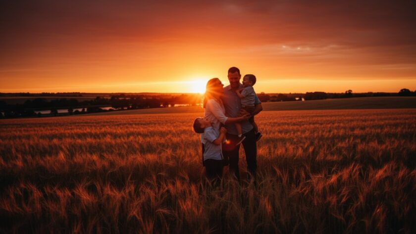 A heartwarming, professionally colour-graded cinematic photograph showcasing authentic Dennington family photography capturing genuine joy, with a family embracing amidst the golden light of a rural Dennington landscape near the Hopkins River, children laughing, and parents sharing a tender moment, all rendered with dramatic lighting and a soft, natural aesthetic.