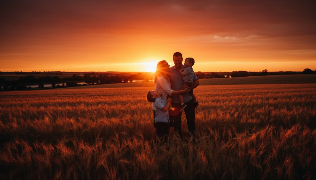 A heartwarming, professionally colour-graded cinematic photograph showcasing authentic Dennington family photography capturing genuine joy, with a family embracing amidst the golden light of a rural Dennington landscape near the Hopkins River, children laughing, and parents sharing a tender moment, all rendered with dramatic lighting and a soft, natural aesthetic.