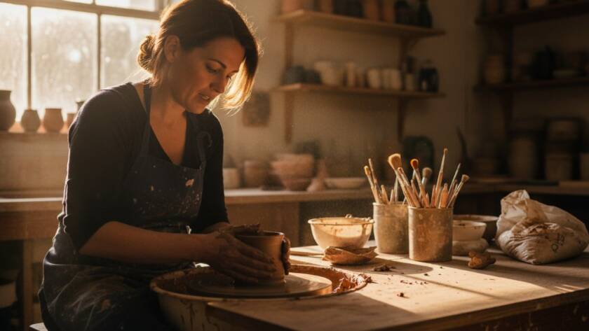 An epic moment of authentic Donvale editorial photography capturing a local artisan passionately crafting pottery in a sun-drenched Donvale studio, with dynamic shadows and highlights highlighting the intricate details, imbued with professional color grading.