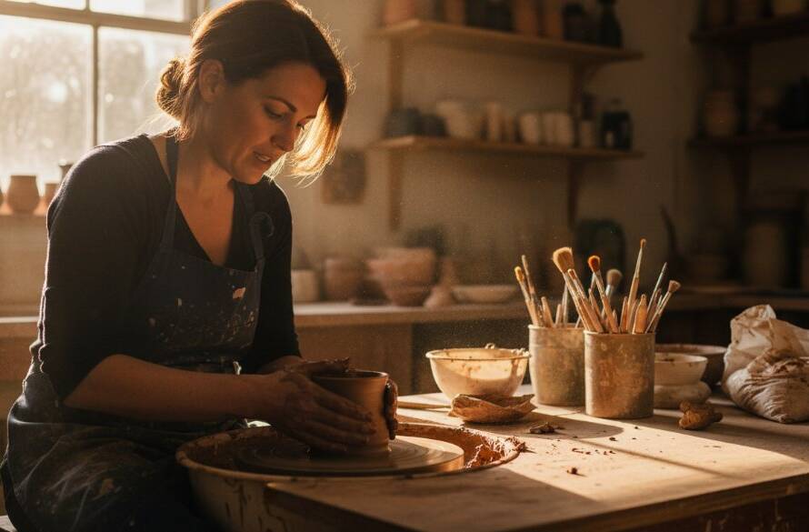 An epic moment of authentic Donvale editorial photography capturing a local artisan passionately crafting pottery in a sun-drenched Donvale studio, with dynamic shadows and highlights highlighting the intricate details, imbued with professional color grading.